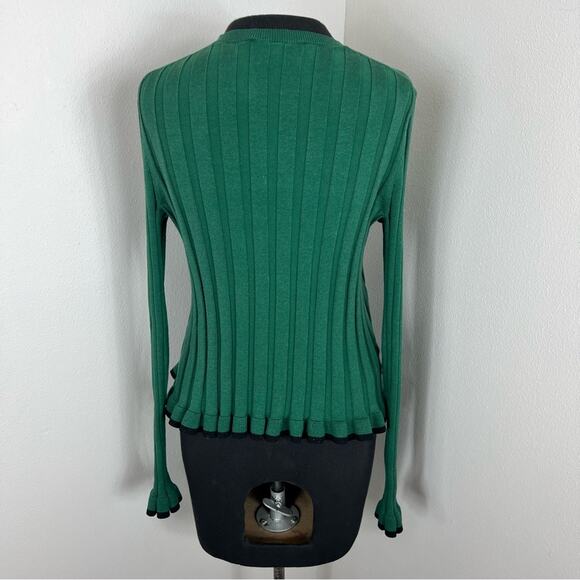 Ann Taylor Cardigan Kelly Green Ribbed Ruffle Lettuce Hem Sleeve Knit Sweater - Picture 2 of 5